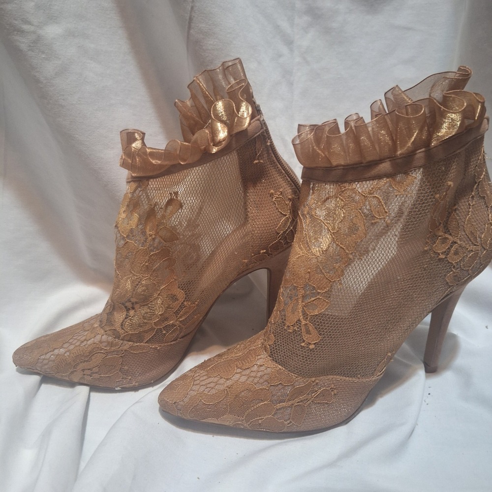 Shoe Republic LA Gold Lace Mesh Ruffle Ankle Boots Stiletto Pointed Toe Booties